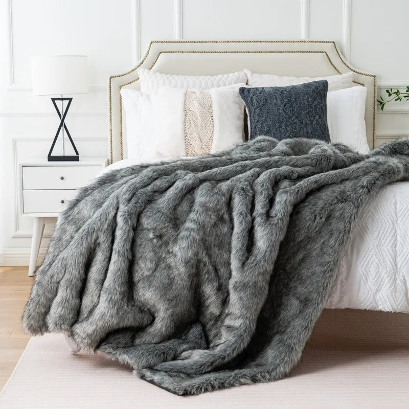 Faux Fur Blanket Gray Soft Polyester Home Decor 7