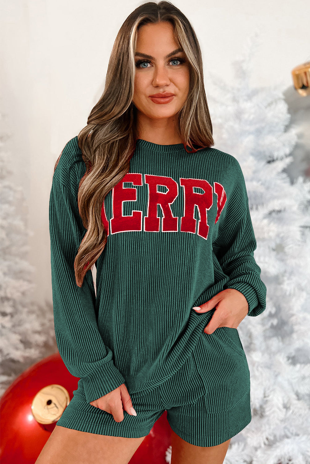 Evergreen Corded MERRY Graphic Long Sleeve Top and Shorts Set