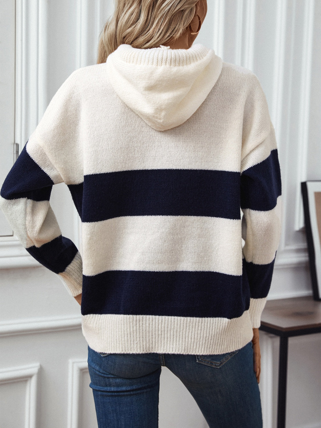 Drawstring Contrast Stripe Dropped Shoulder Hooded Sweater