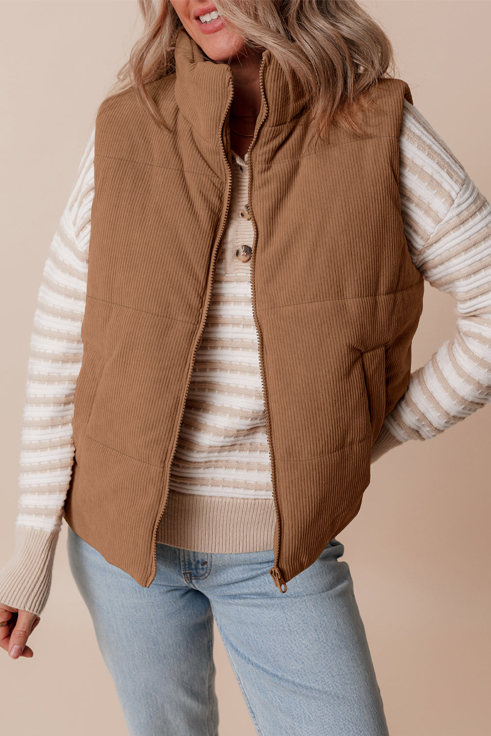 Coffee Corduroy Stand Neck Zipped Puffer Vest