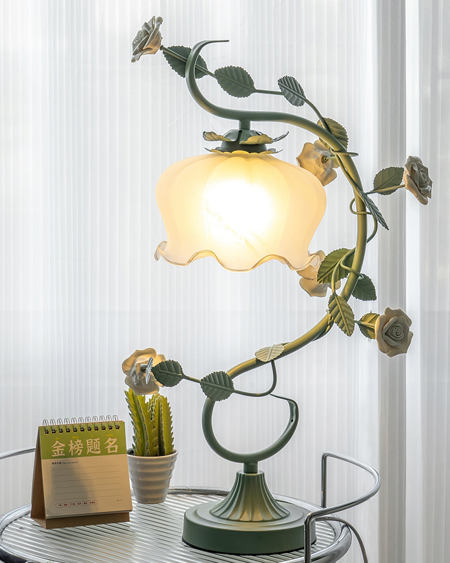 Classic Floral Table Lamp with Metal and Glass Design – 20.9 Height 8