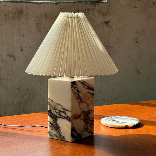 Contemporary Table Lamp with Marble Base and Pleated Fabric Shade – 32cm for Bedroom or Living Room 1