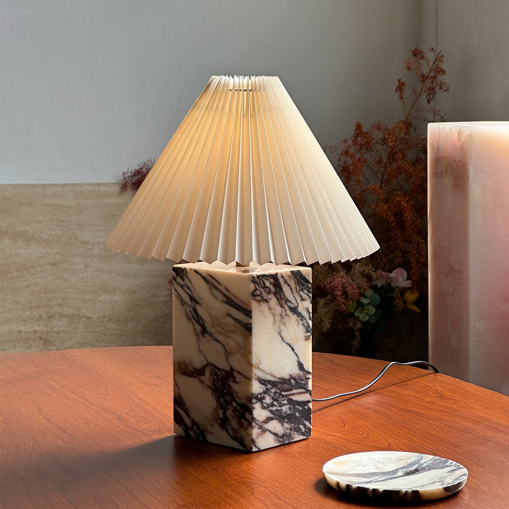 Contemporary Table Lamp with Marble Base and Pleated Fabric Shade – 32cm for Bedroom or Living Room 3