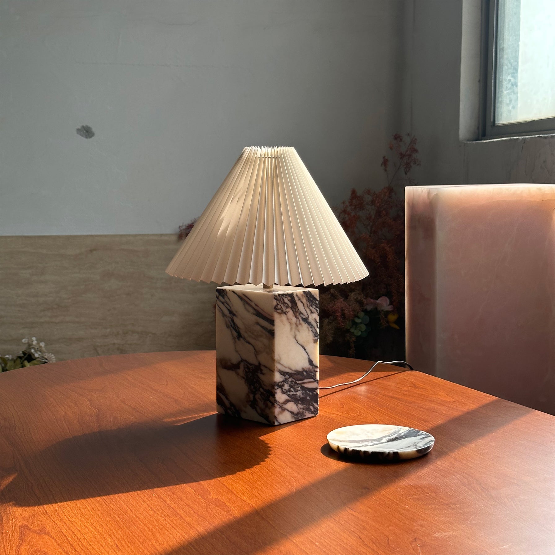 Contemporary Table Lamp with Marble Base and Pleated Fabric Shade – 32cm for Bedroom or Living Room 4