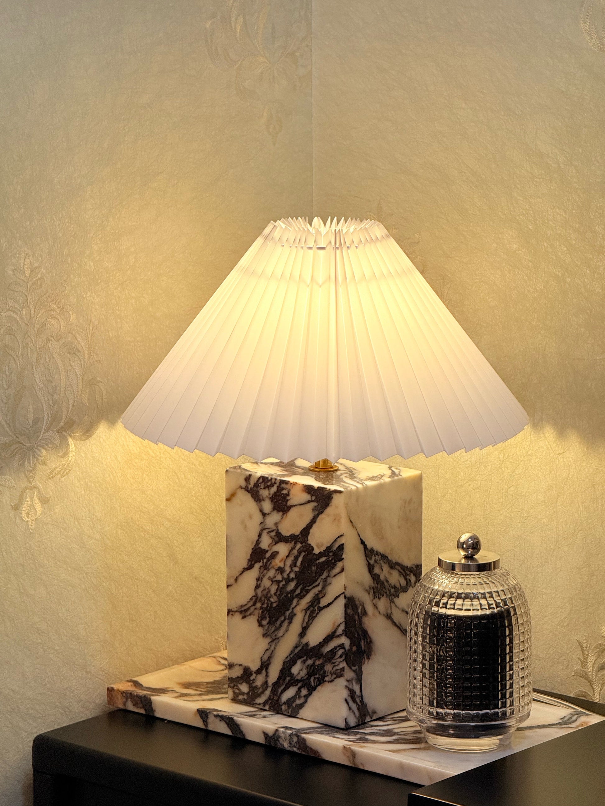 Contemporary Table Lamp with Marble Base and Pleated Fabric Shade – 32cm for Bedroom or Living Room 5