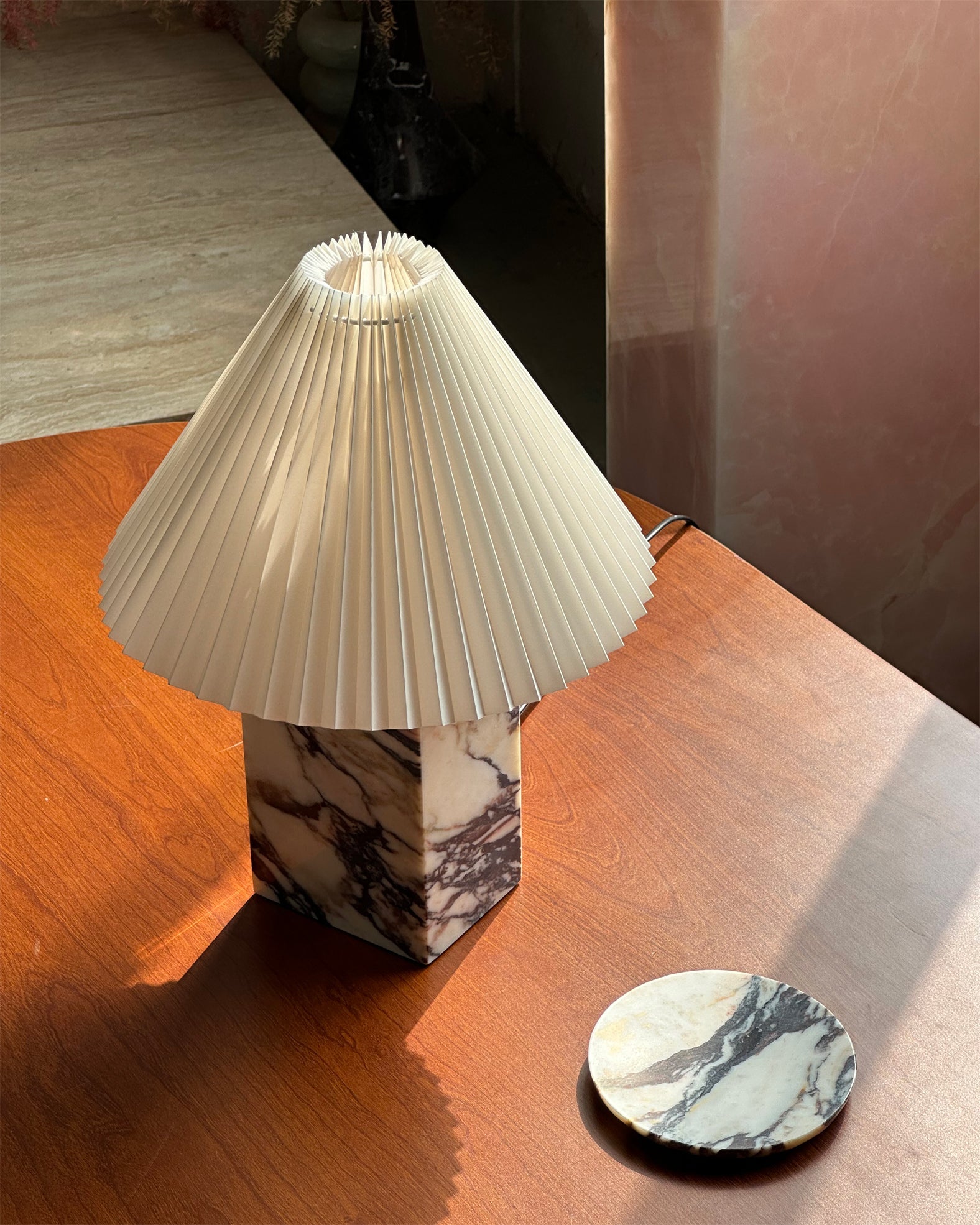 Contemporary Table Lamp with Marble Base and Pleated Fabric Shade – 32cm for Bedroom or Living Room 6