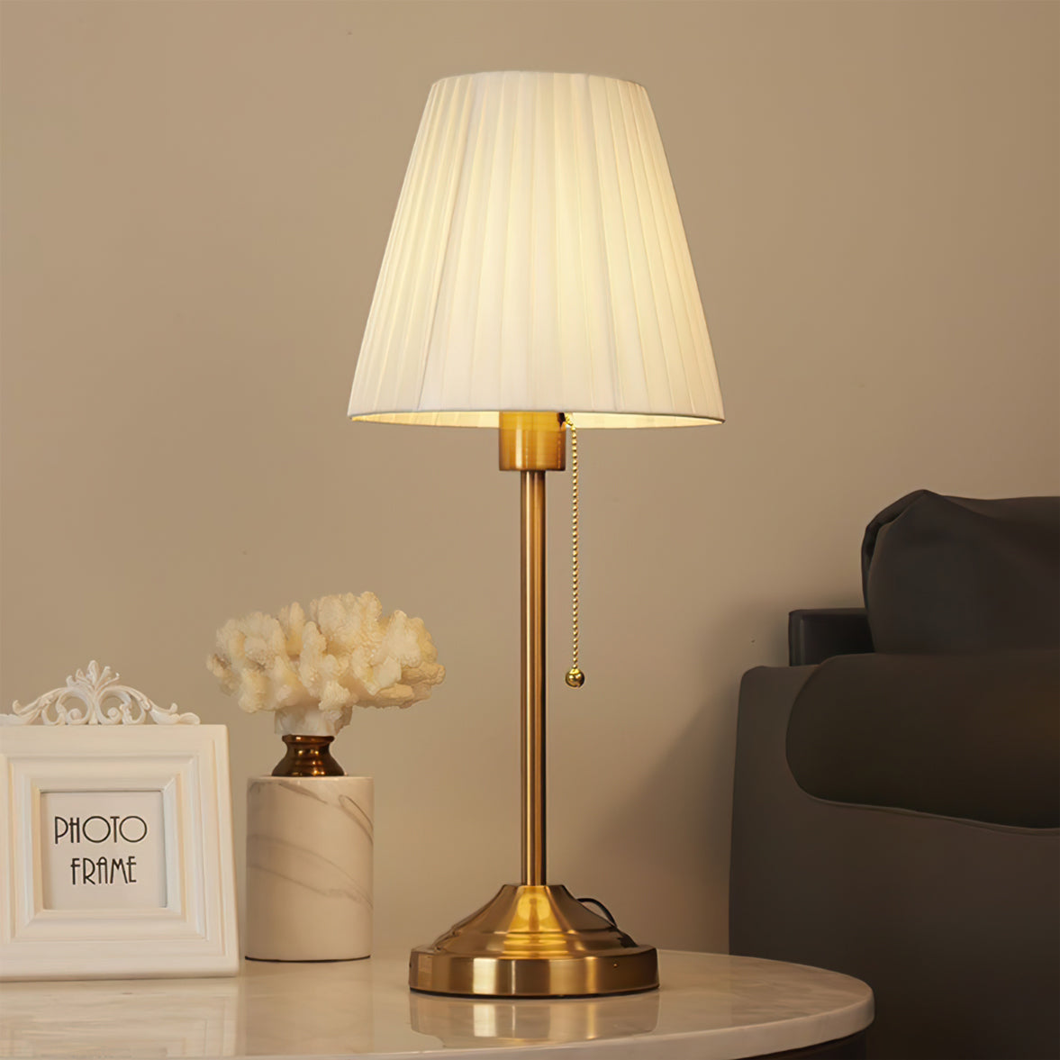 Stylish Table Lamp with Fabric Shade and Metal Base – Warm Yellow Light for Bedroom or Living Room 7