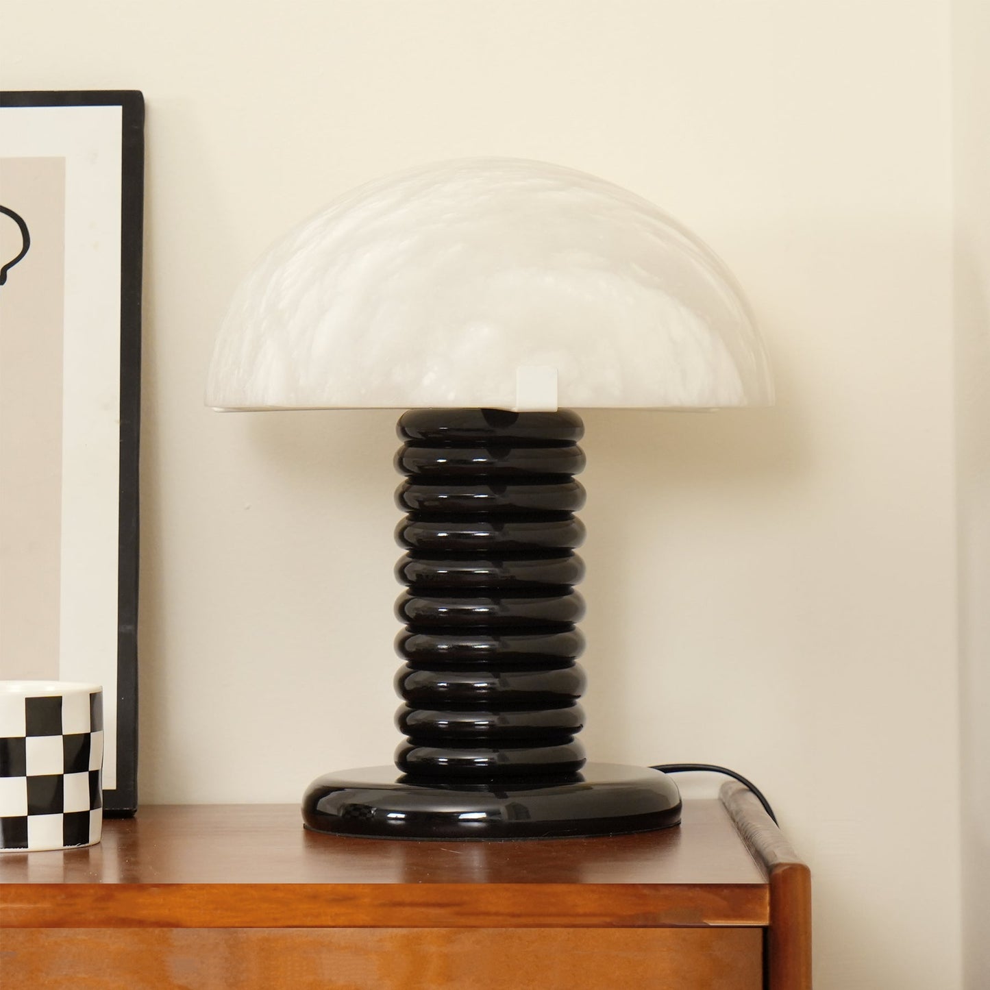 Modern Table Lamp with Alabaster Shade and Black Ribbed Base - Perfect for Bedroom and Living Room 3