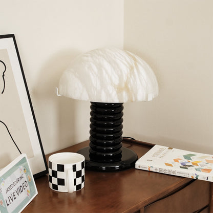 Modern Table Lamp with Alabaster Shade and Black Ribbed Base - Perfect for Bedroom and Living Room 6
