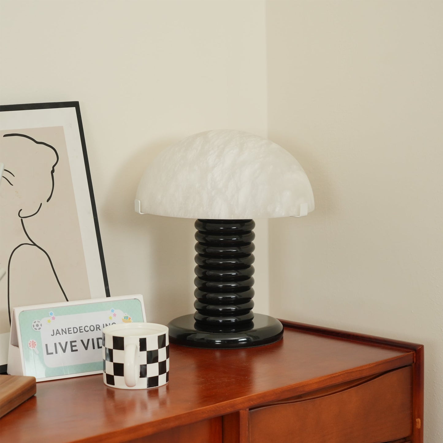 Modern Table Lamp with Alabaster Shade and Black Ribbed Base - Perfect for Bedroom and Living Room 7