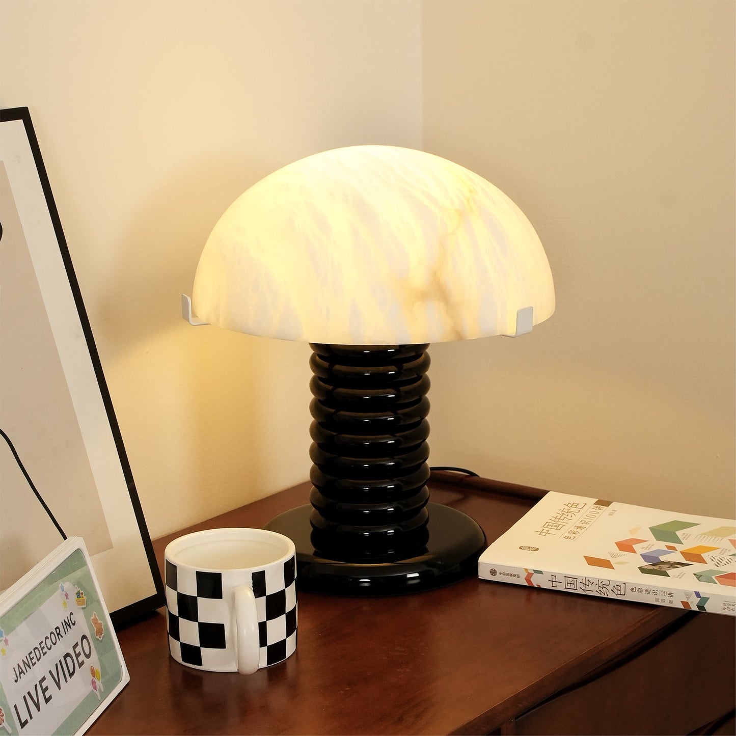 Modern Table Lamp with Alabaster Shade and Black Ribbed Base - Perfect for Bedroom and Living Room 8