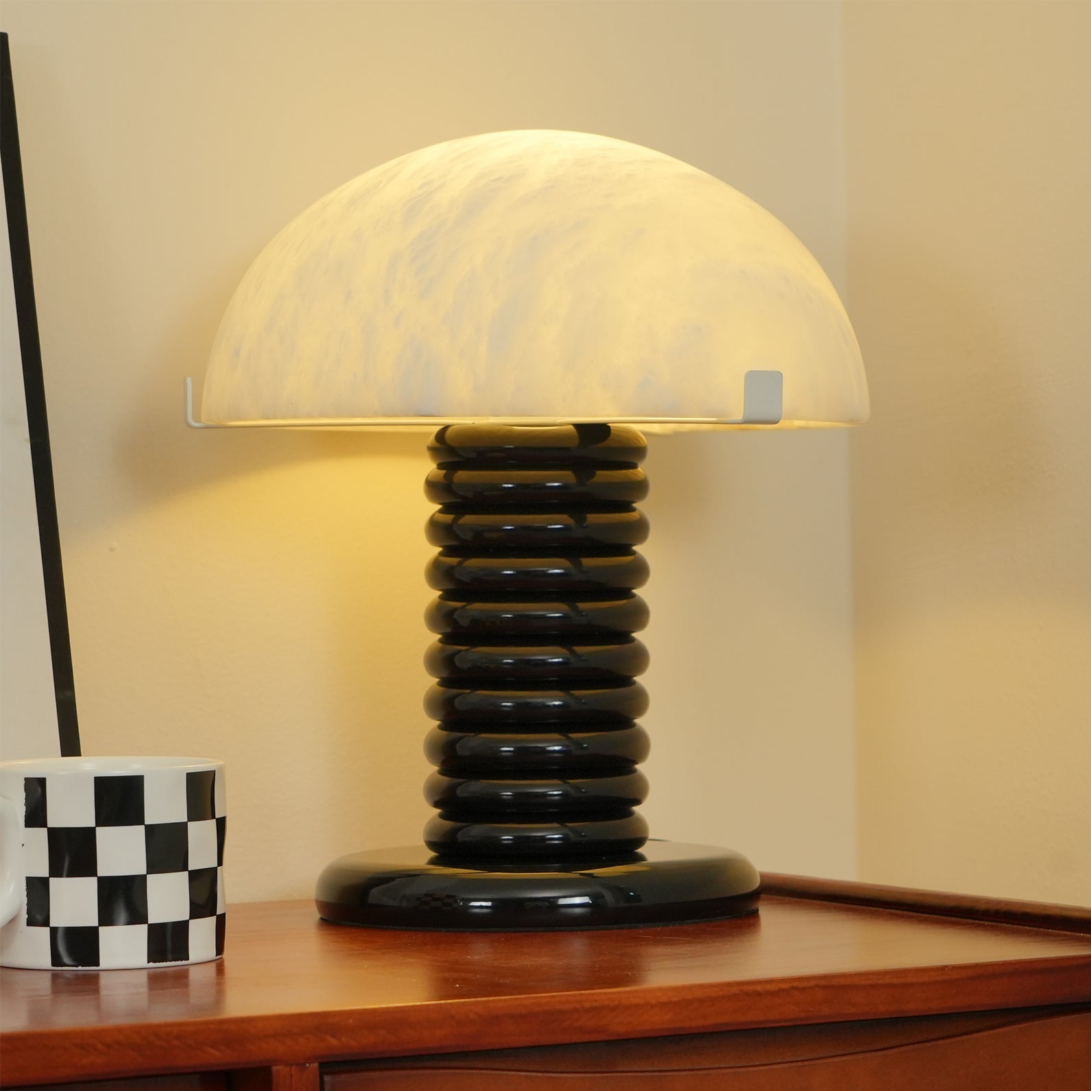 Modern Table Lamp with Alabaster Shade and Black Ribbed Base - Perfect for Bedroom and Living Room 9