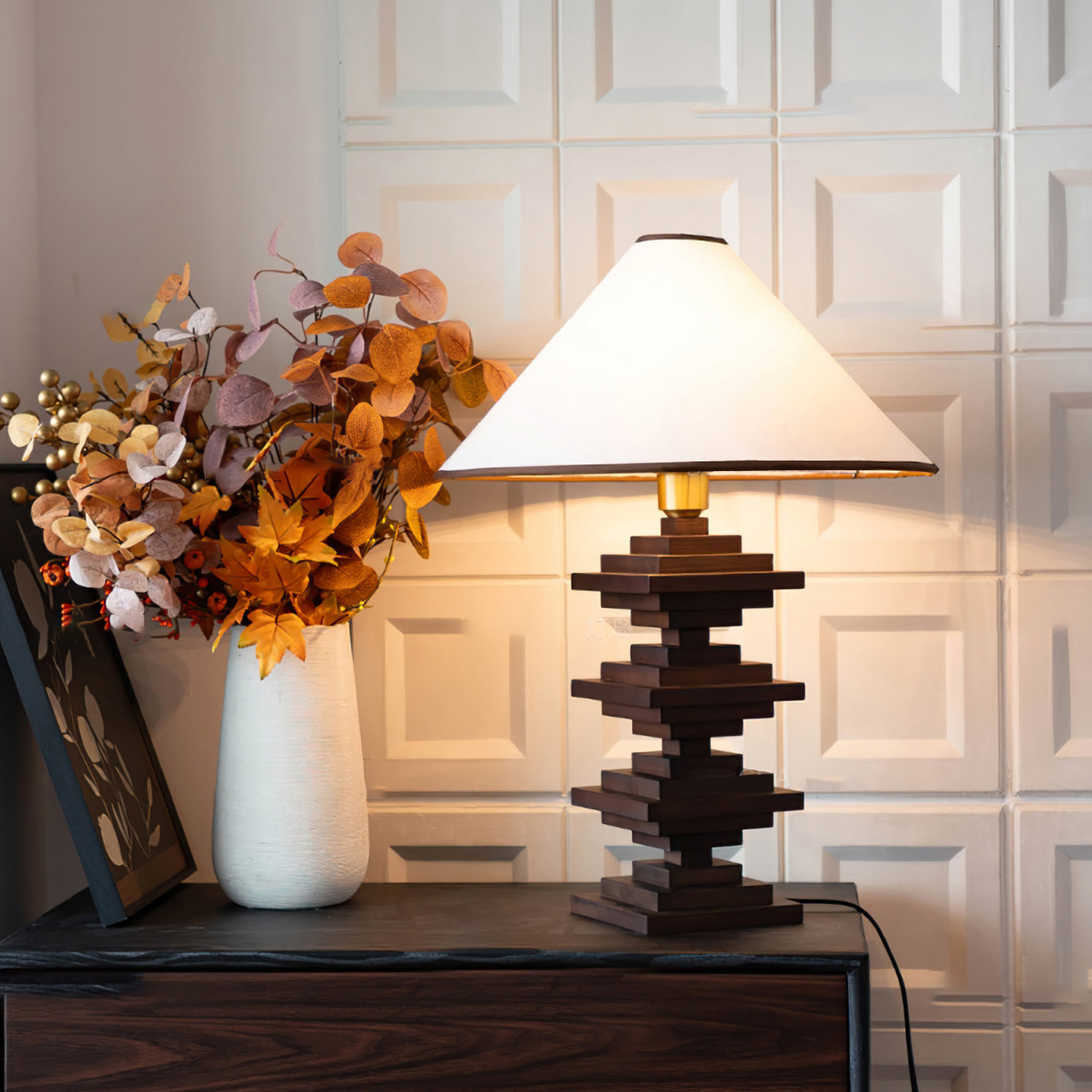Modern Wooden Tower Table Lamp with Fabric Shade – 22.4 Height 2