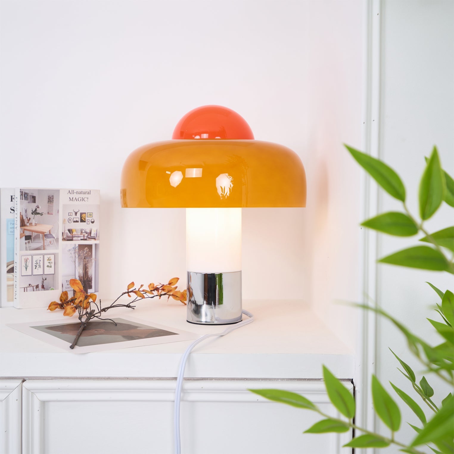 Modern Table Lamp with Orange Glass Shade and Metal Base – 12.6 Diameter 3