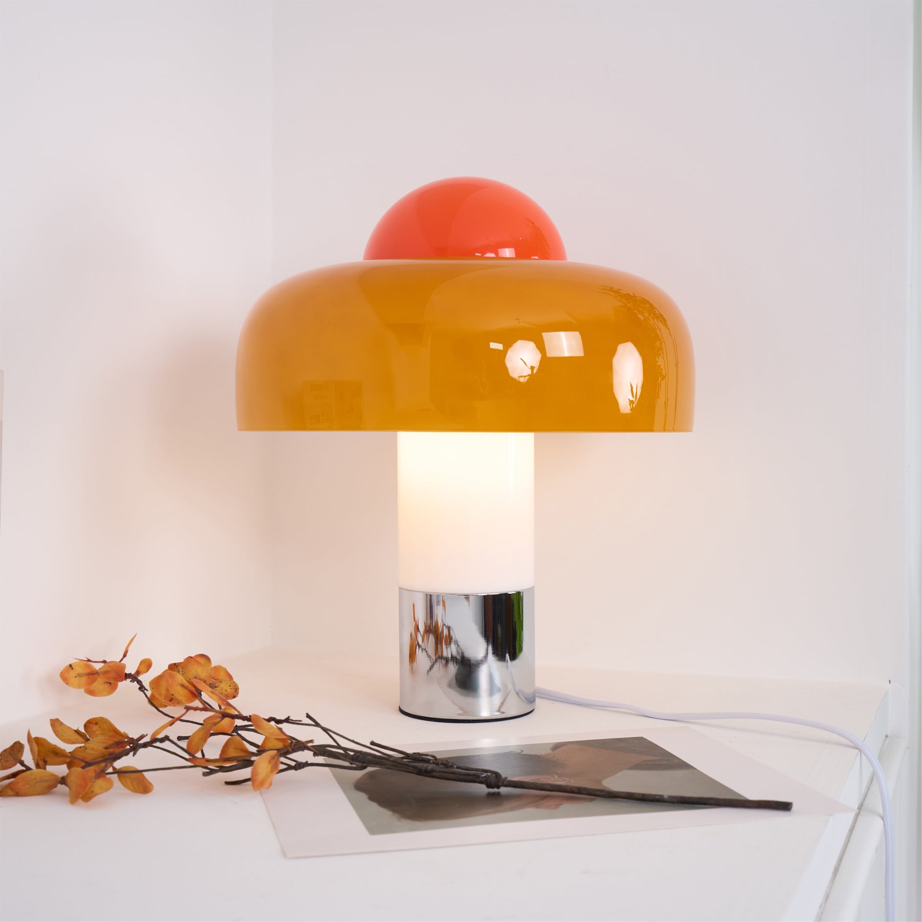 Modern Table Lamp with Orange Glass Shade and Metal Base – 12.6 Diameter 4