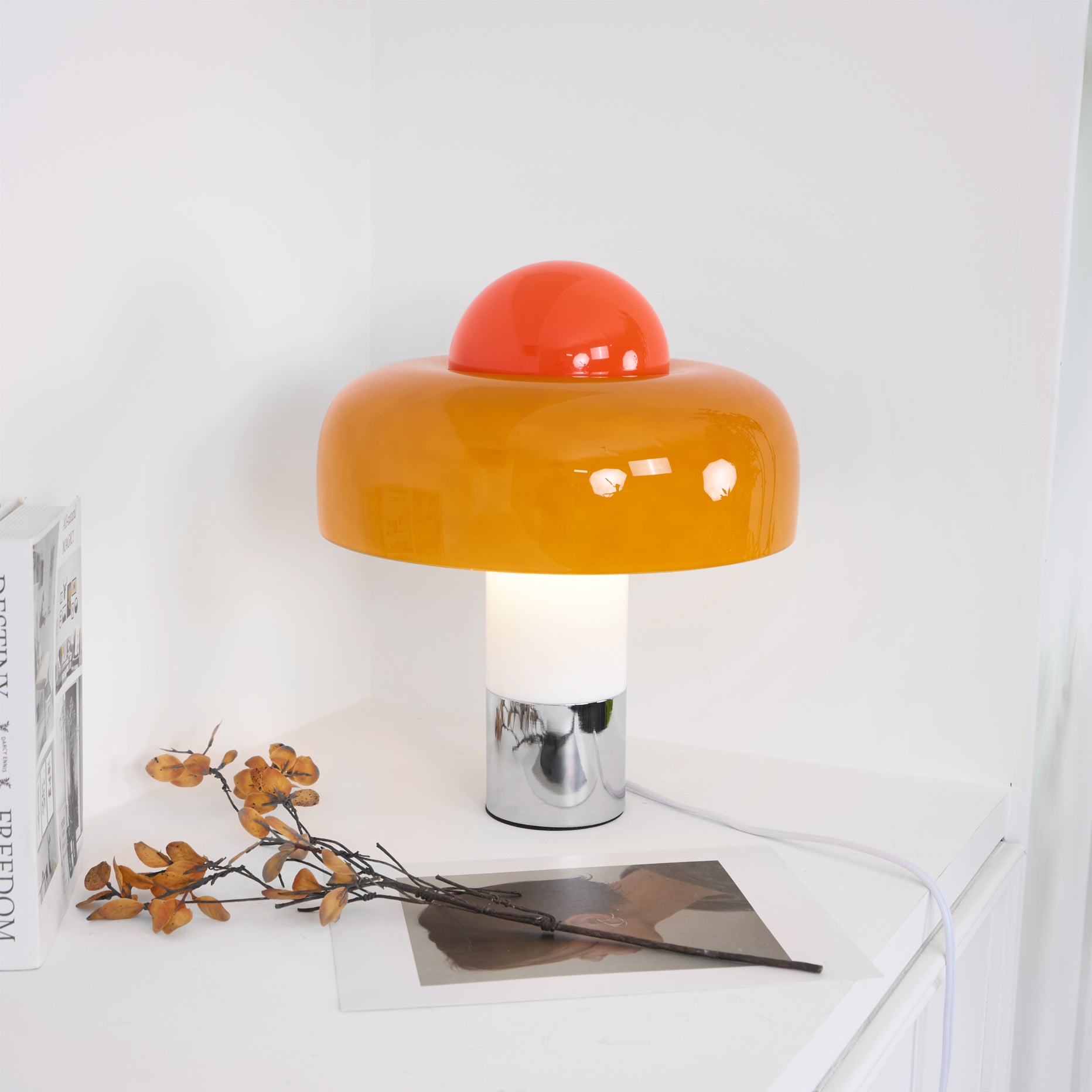 Modern Table Lamp with Orange Glass Shade and Metal Base – 12.6 Diameter 5