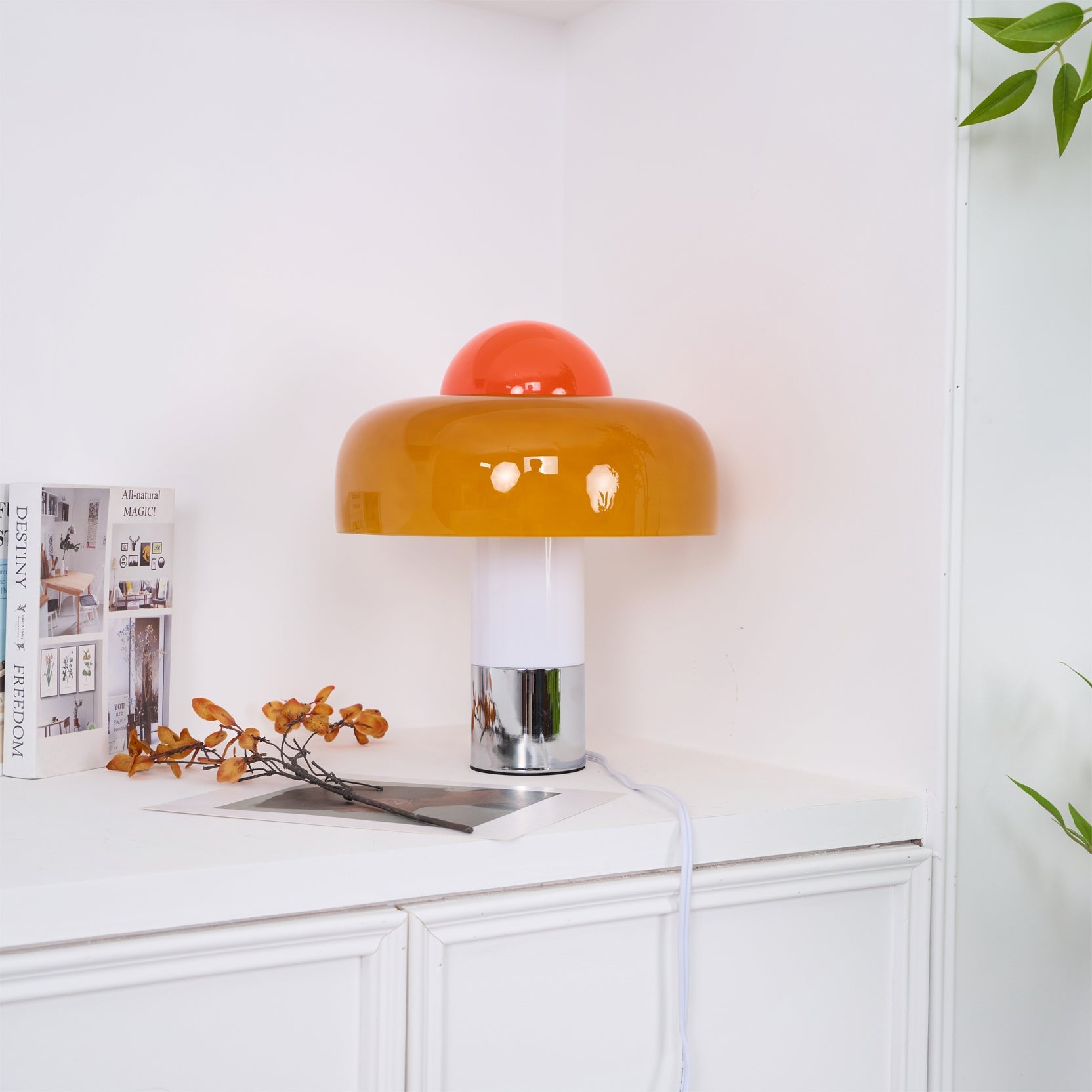 Modern Table Lamp with Orange Glass Shade and Metal Base – 12.6 Diameter 9