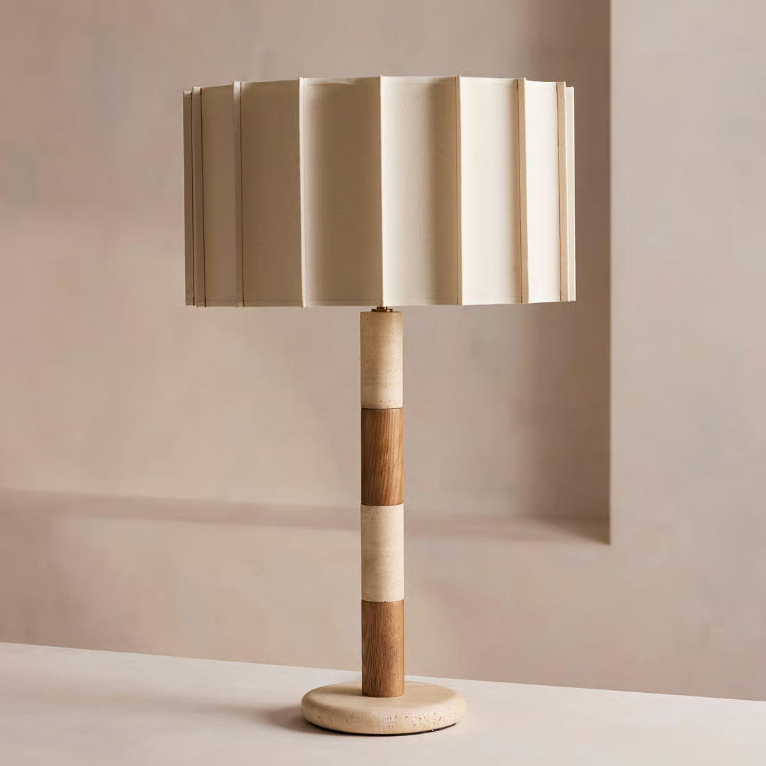 Elegant Table Lamp with Pleated Shade and Travertine Base – Ideal for Bedroom or Living Room 3
