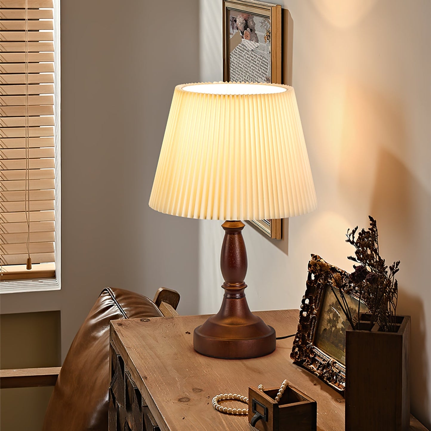 Walnut Base Table Lamp with Fabric Shade – Soft Ambient Lighting for Bedroom or Living Room 3