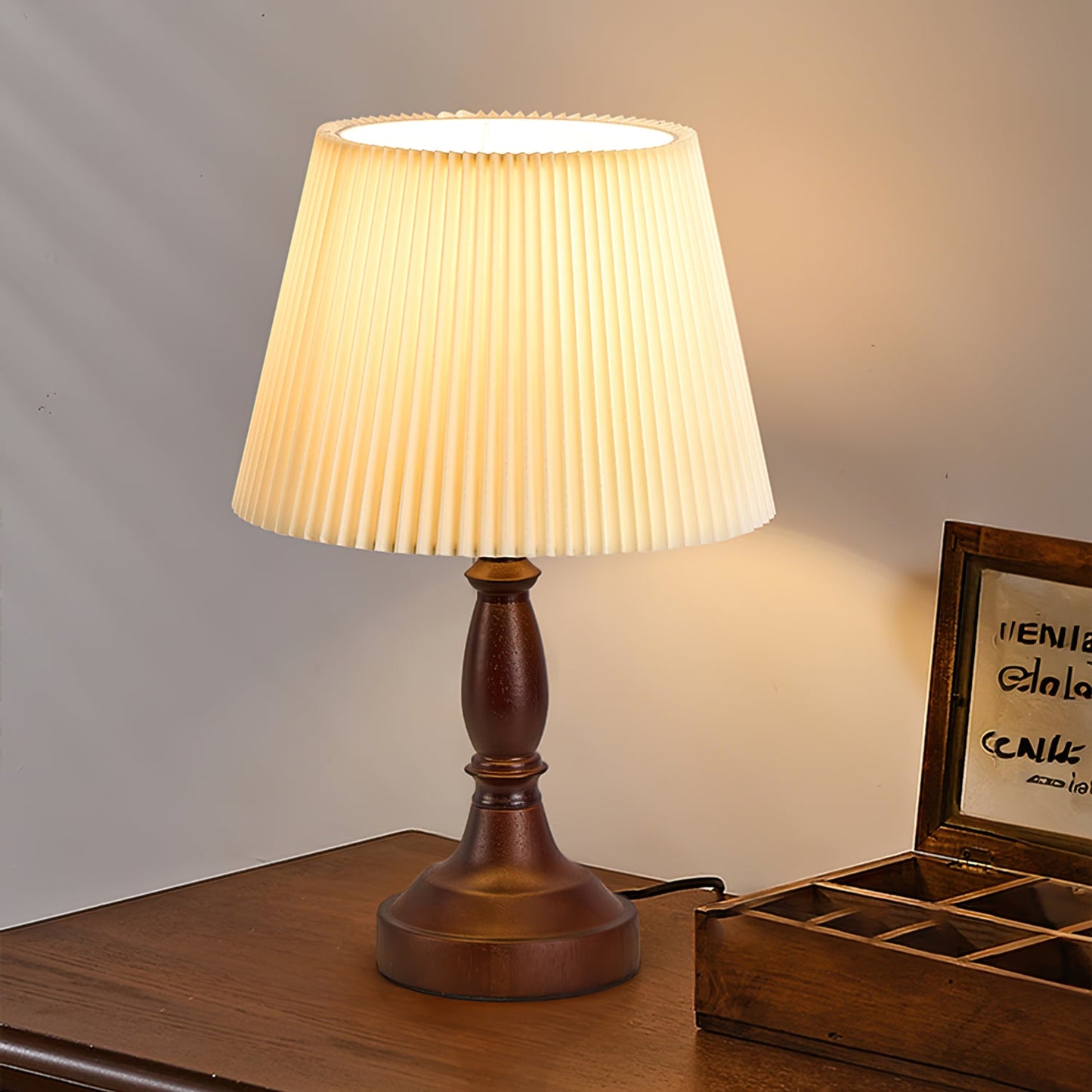 Walnut Base Table Lamp with Fabric Shade – Soft Ambient Lighting for Bedroom or Living Room 4