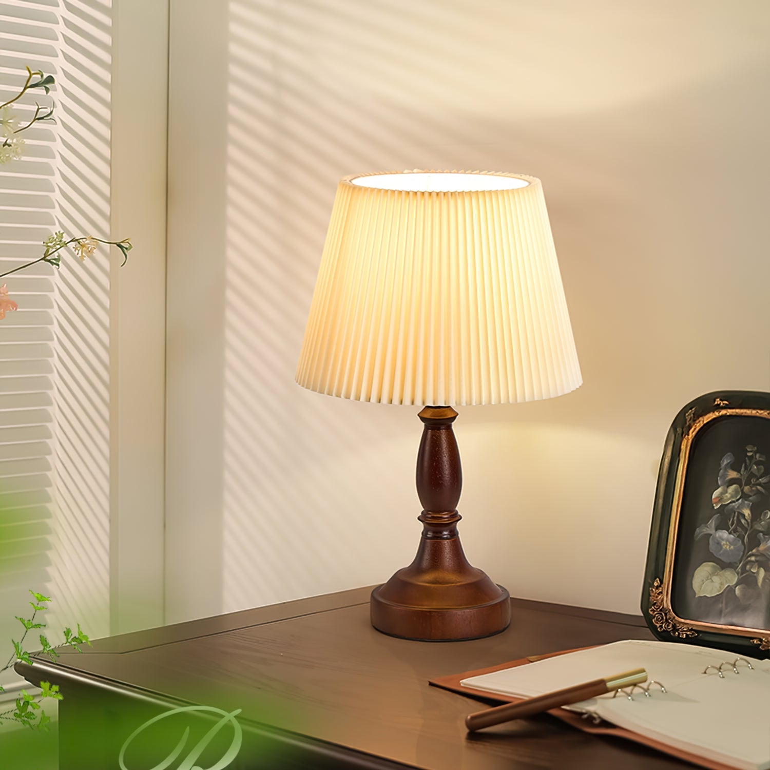 Walnut Base Table Lamp with Fabric Shade – Soft Ambient Lighting for Bedroom or Living Room 5
