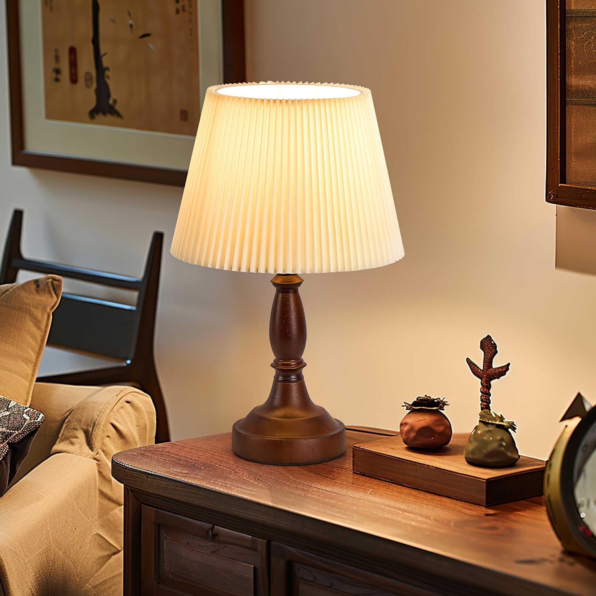Walnut Base Table Lamp with Fabric Shade – Soft Ambient Lighting for Bedroom or Living Room 6