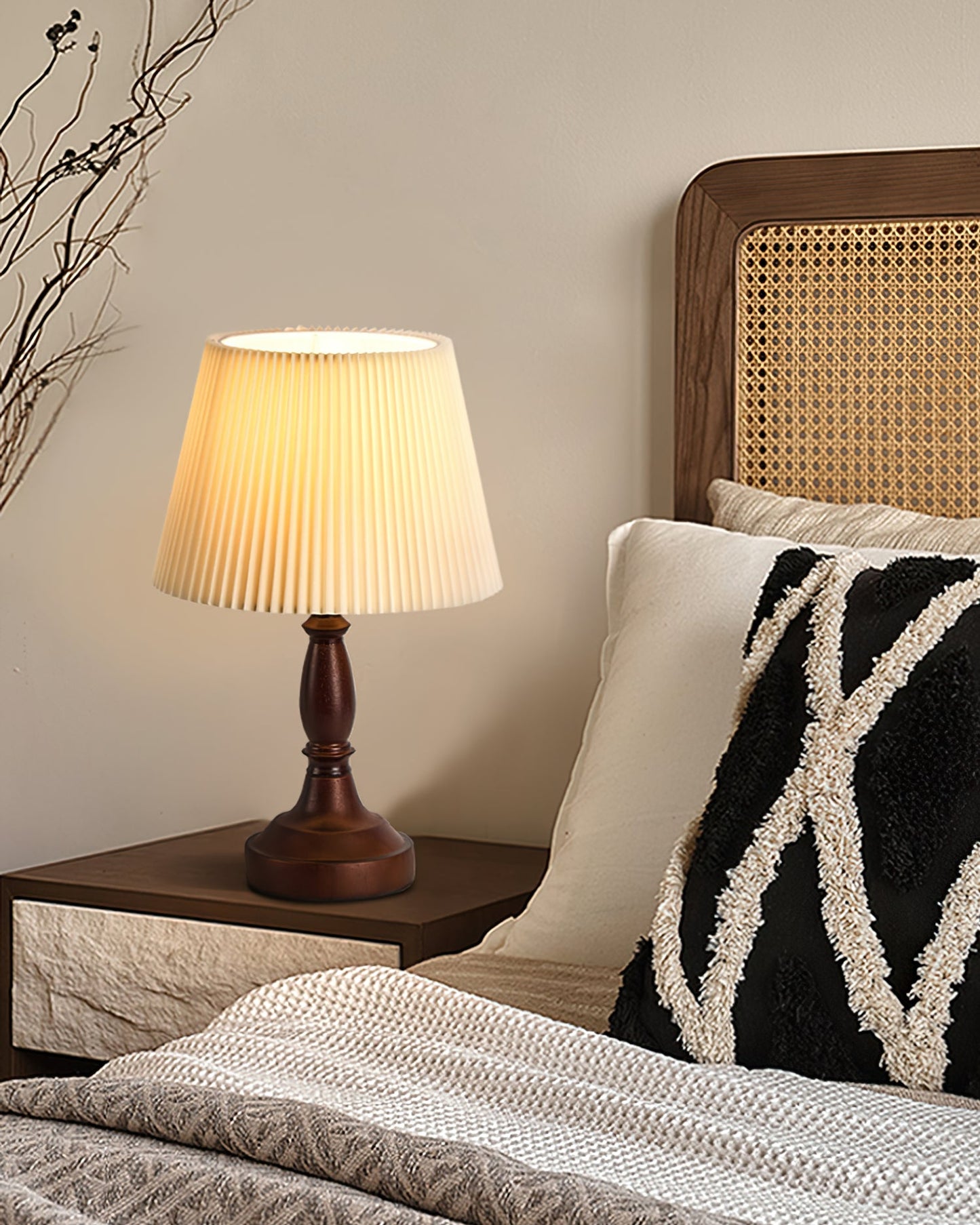 Walnut Base Table Lamp with Fabric Shade – Soft Ambient Lighting for Bedroom or Living Room 8