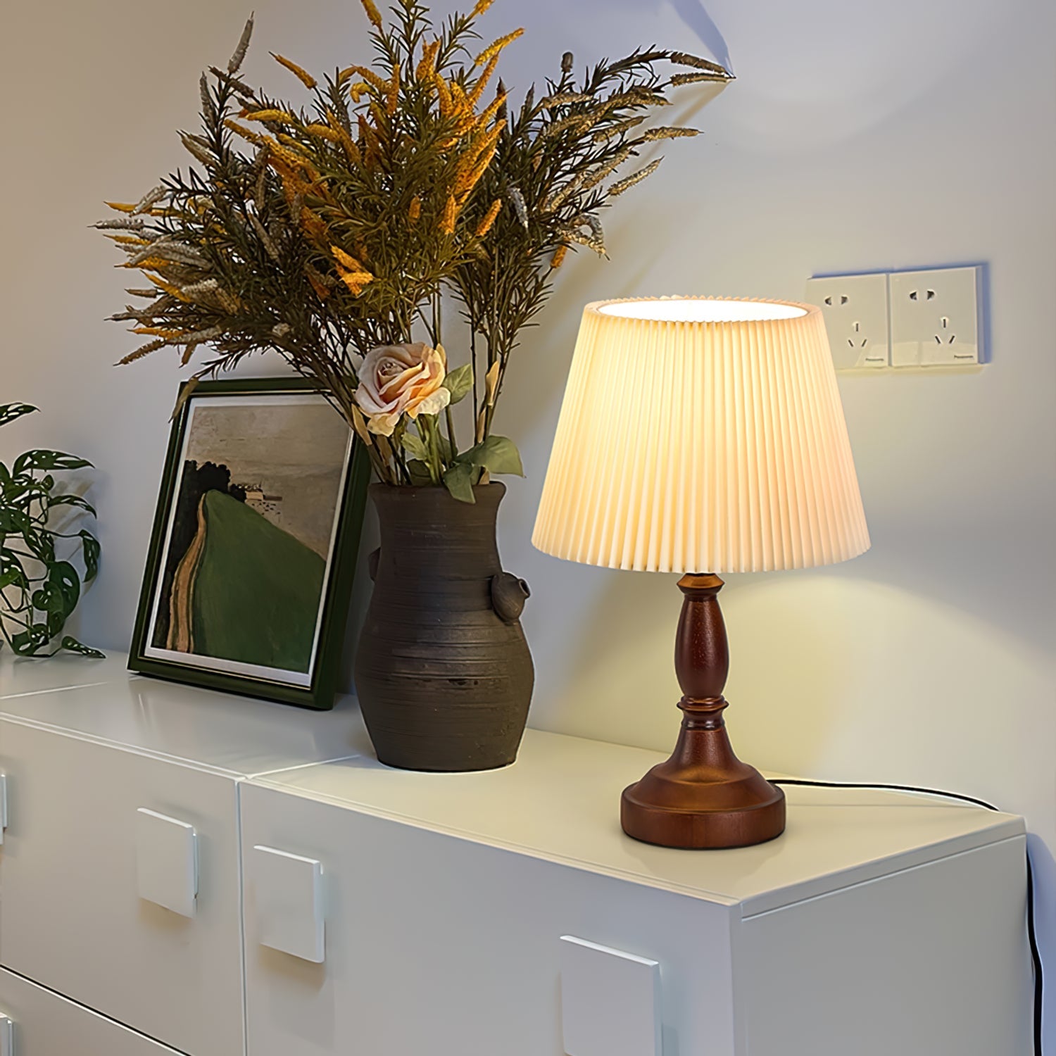 Walnut Base Table Lamp with Fabric Shade – Soft Ambient Lighting for Bedroom or Living Room 9