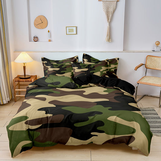 Camouflage Duvet Cover Set Green Brown Polyester Cotton King Size 1