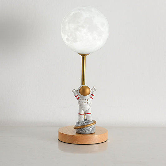 Creative Moon Table Lamp with Wooden Base and Astronaut Design – LED Light 1