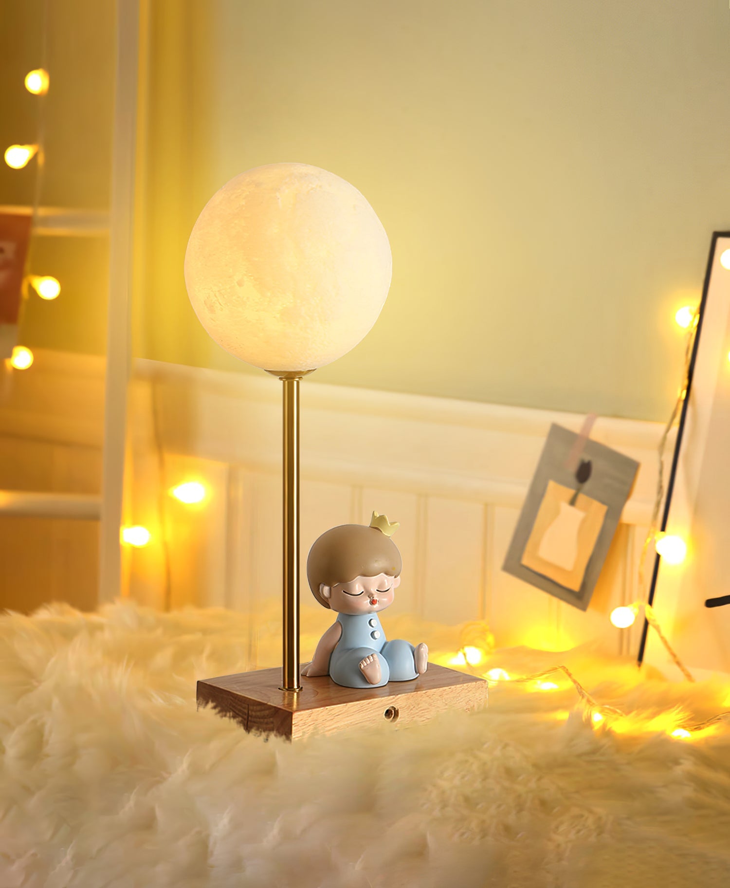 Creative Moon Table Lamp with Wooden Base and Astronaut Design – LED Light 11