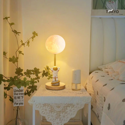 Creative Moon Table Lamp with Wooden Base and Astronaut Design – LED Light 3