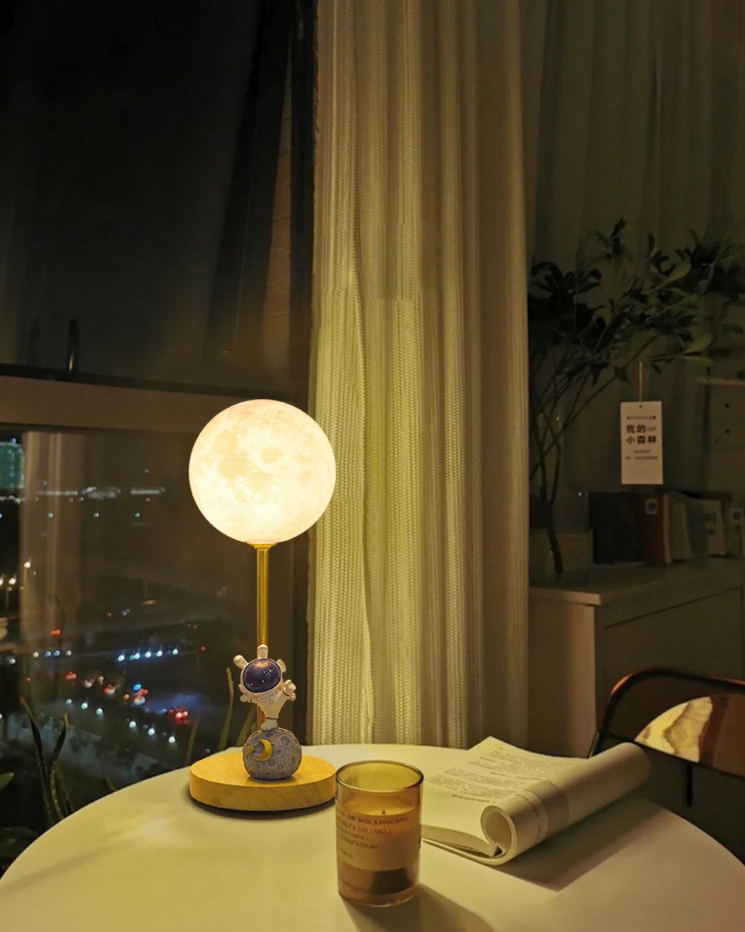 Creative Moon Table Lamp with Wooden Base and Astronaut Design – LED Light 5