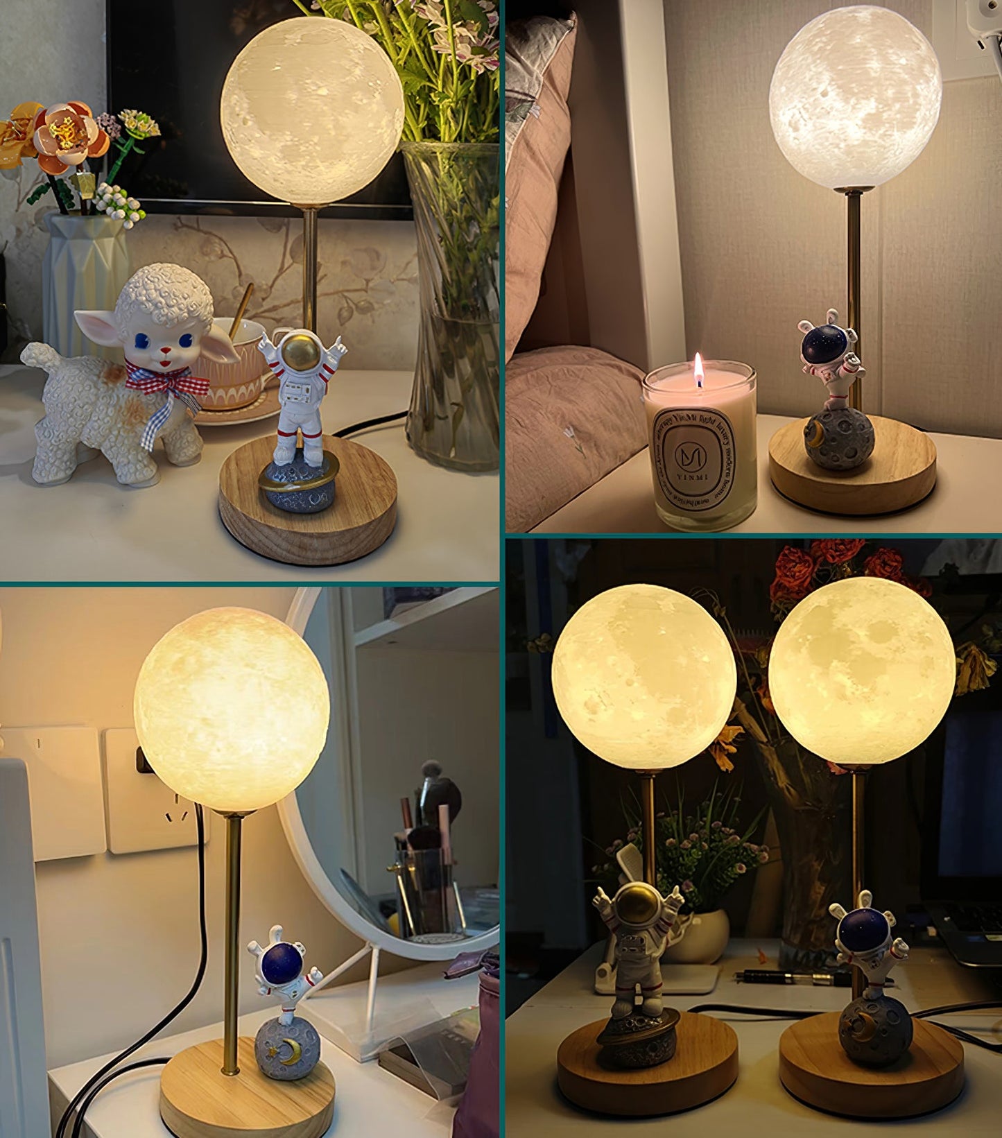 Creative Moon Table Lamp with Wooden Base and Astronaut Design – LED Light 9