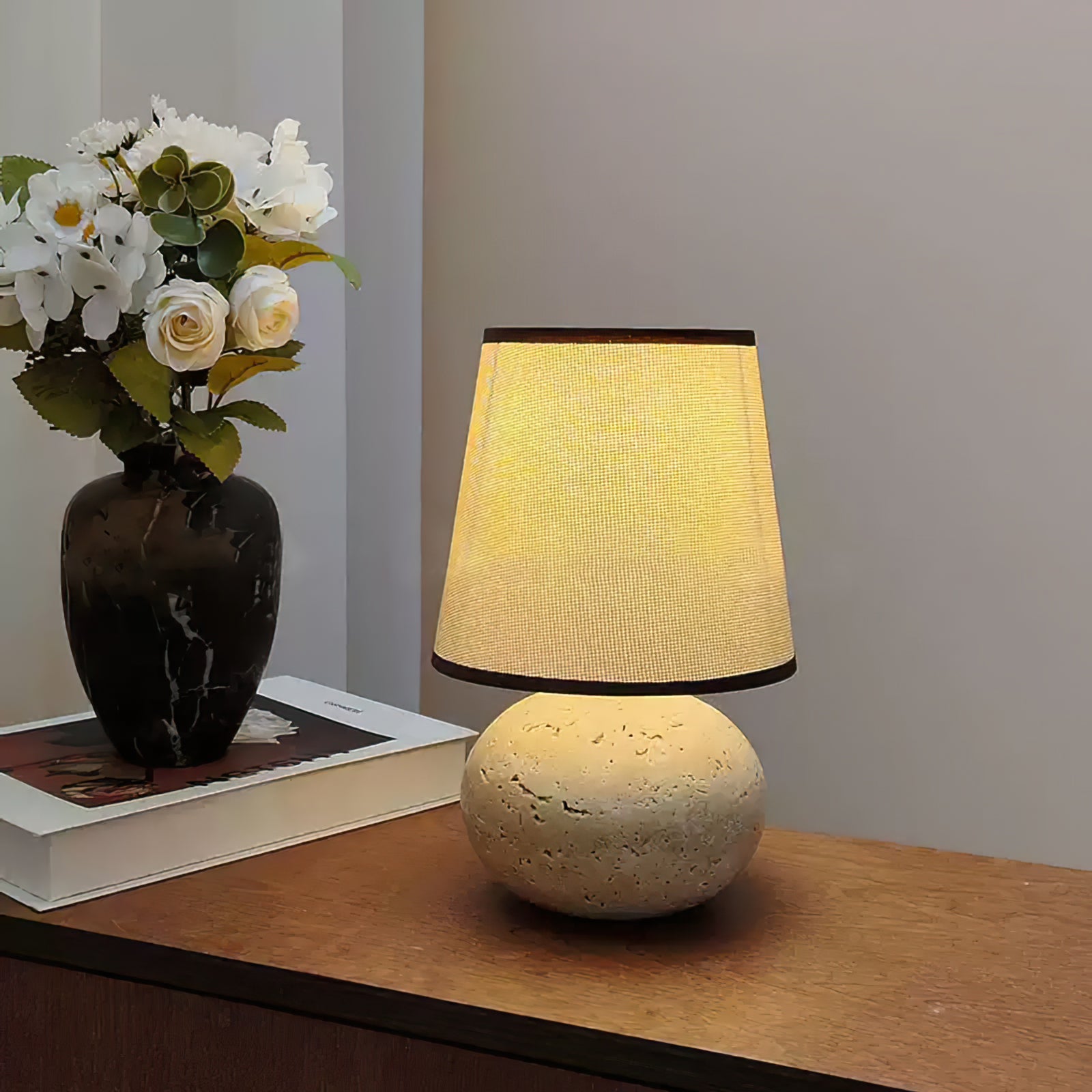 Elegant Table Lamp with Yellow Travertine Base and Fabric Shade – Modern Design 3