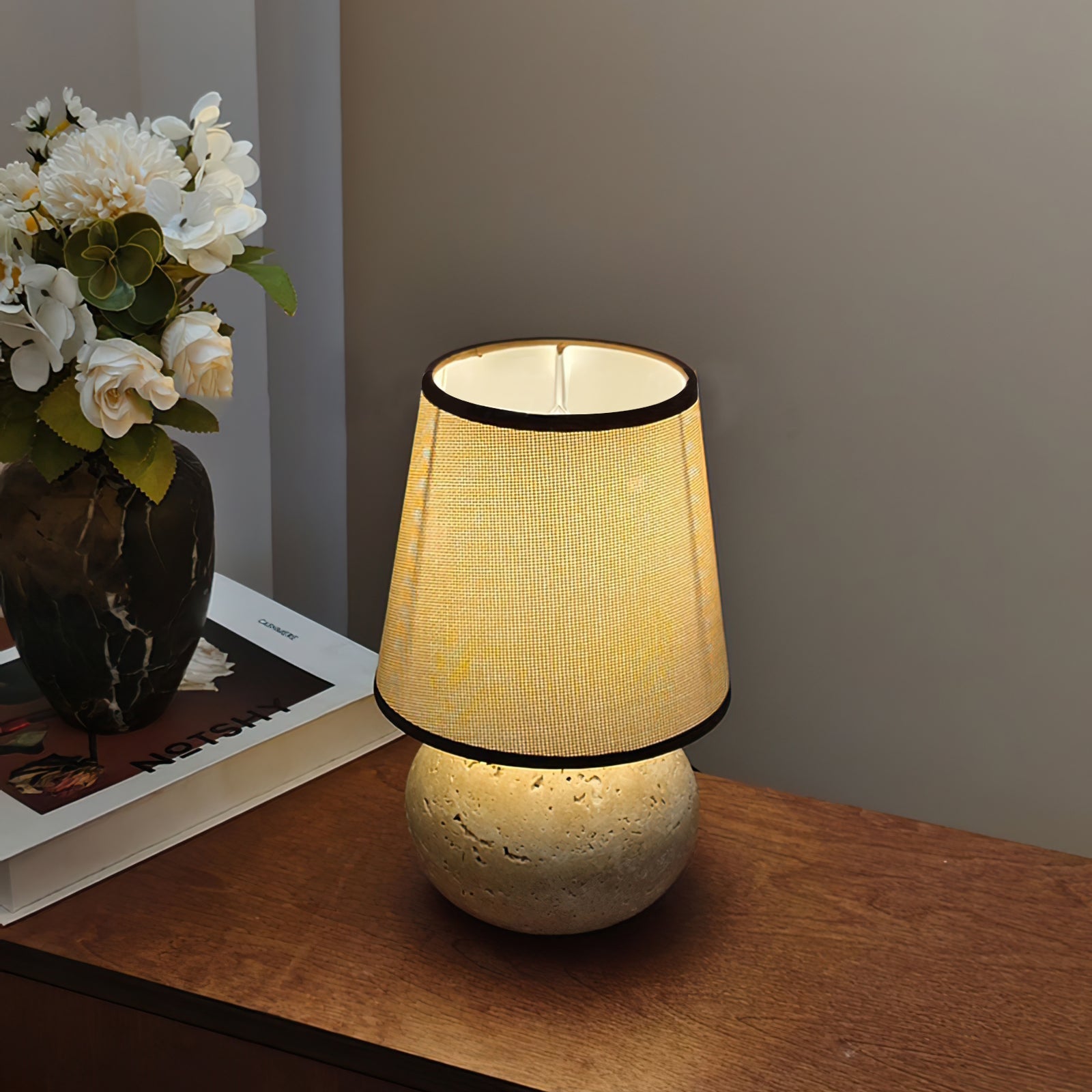 Elegant Table Lamp with Yellow Travertine Base and Fabric Shade – Modern Design 4