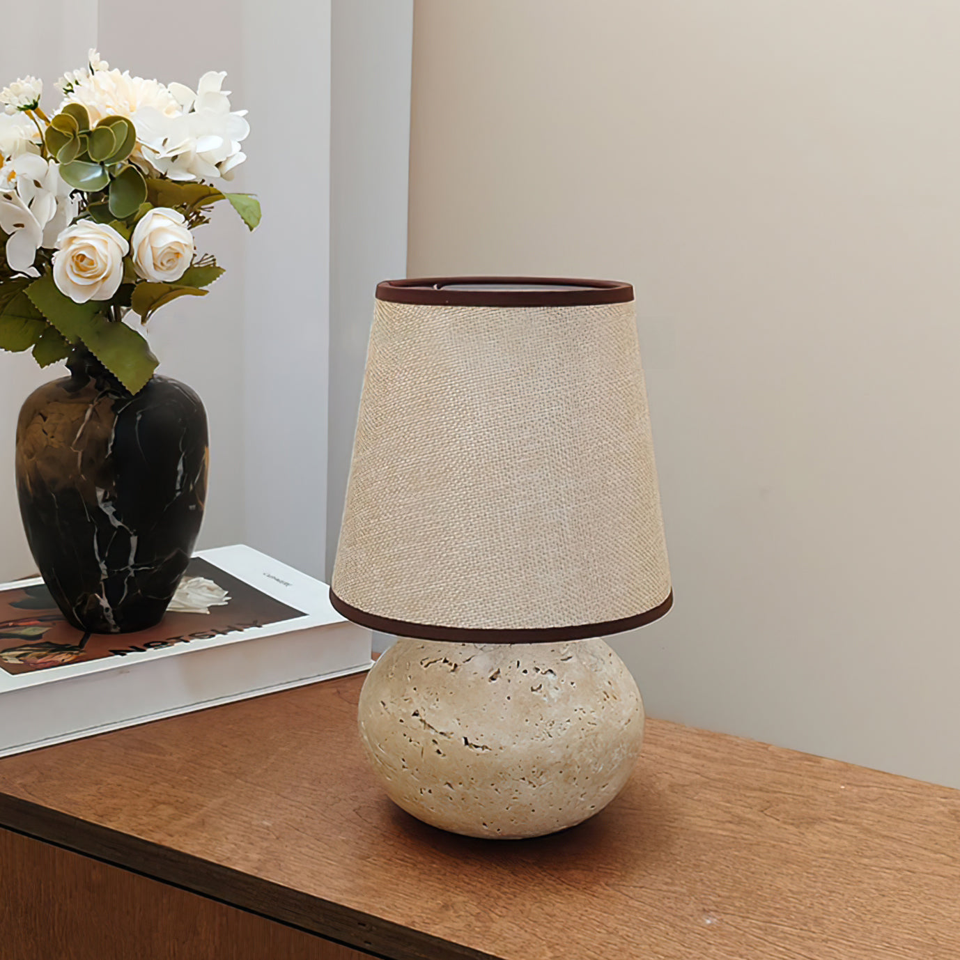 Elegant Table Lamp with Yellow Travertine Base and Fabric Shade – Modern Design 5