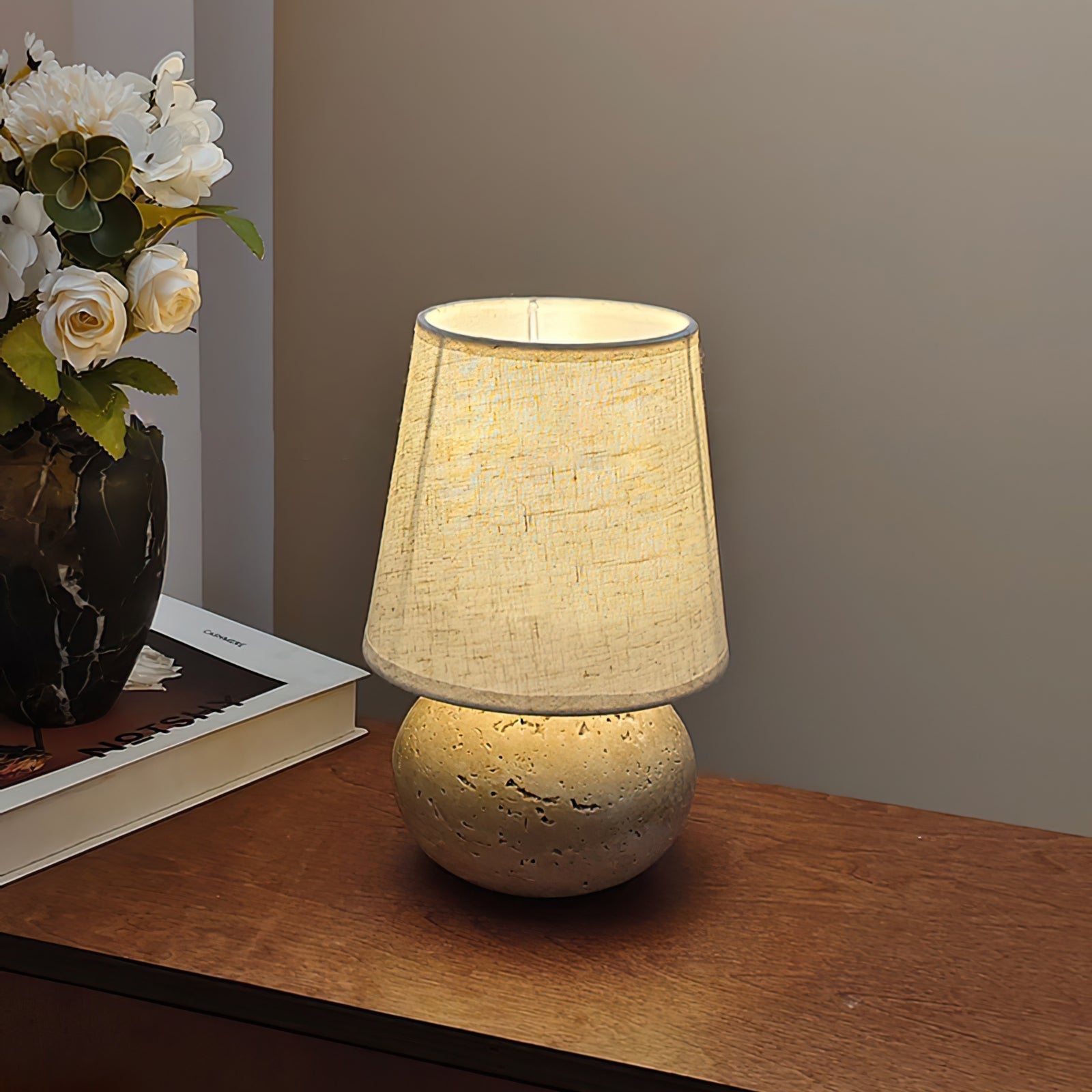 Elegant Table Lamp with Yellow Travertine Base and Fabric Shade – Modern Design 6