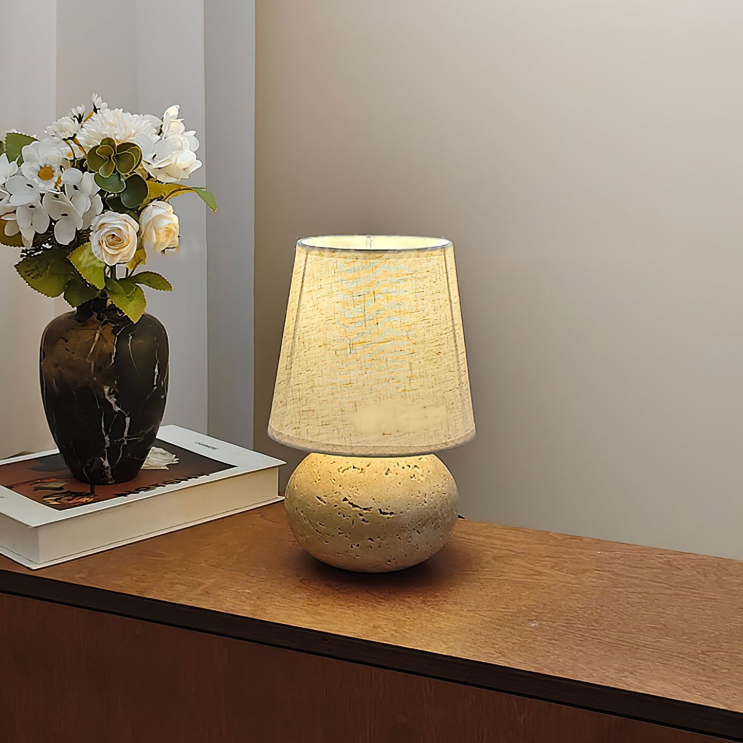 Elegant Table Lamp with Yellow Travertine Base and Fabric Shade – Modern Design 7