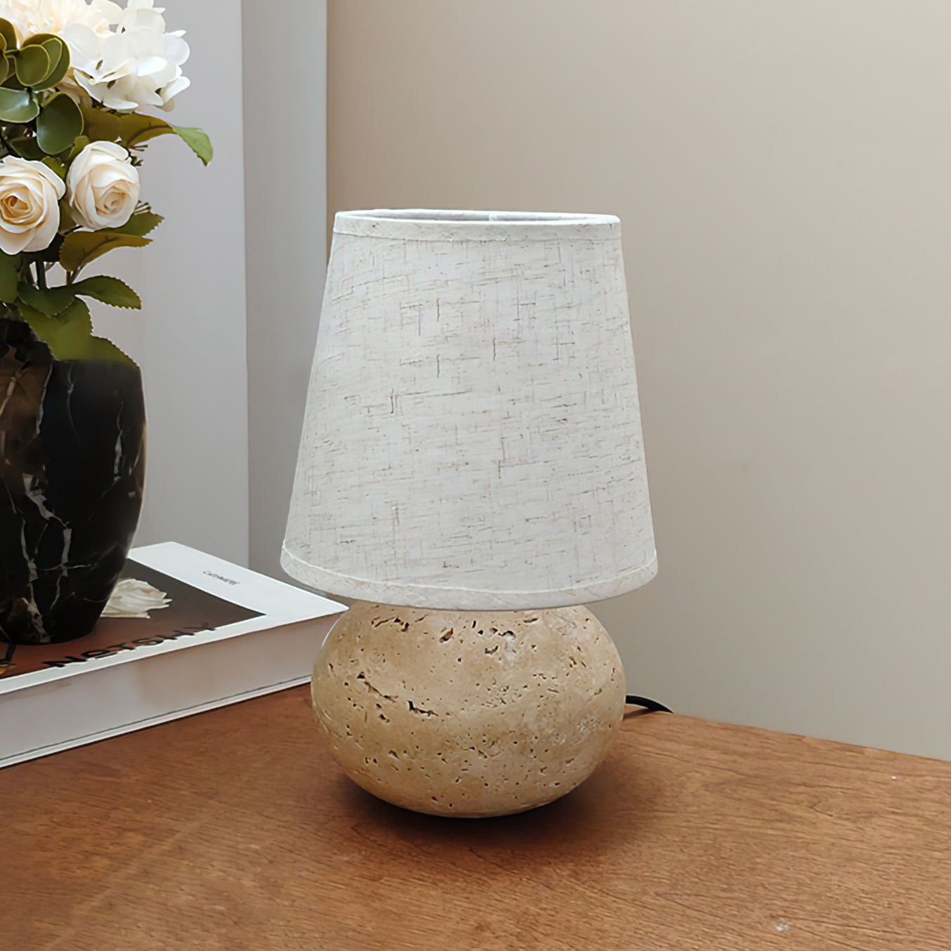 Elegant Table Lamp with Yellow Travertine Base and Fabric Shade – Modern Design 8