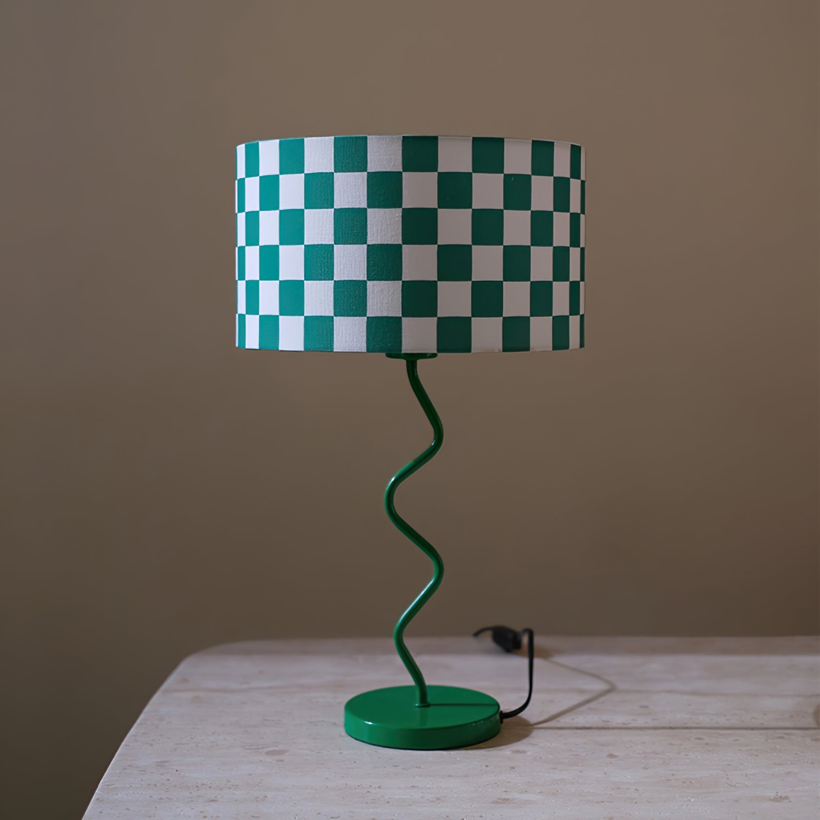 Green Chessboard Table Lamp - Modern Fabric Shade with Iron Base for Bedroom or Living Room 3
