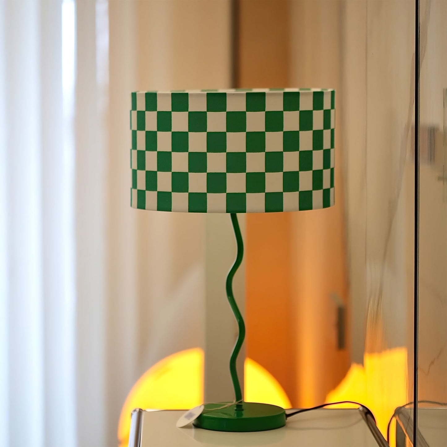 Green Chessboard Table Lamp - Modern Fabric Shade with Iron Base for Bedroom or Living Room 4