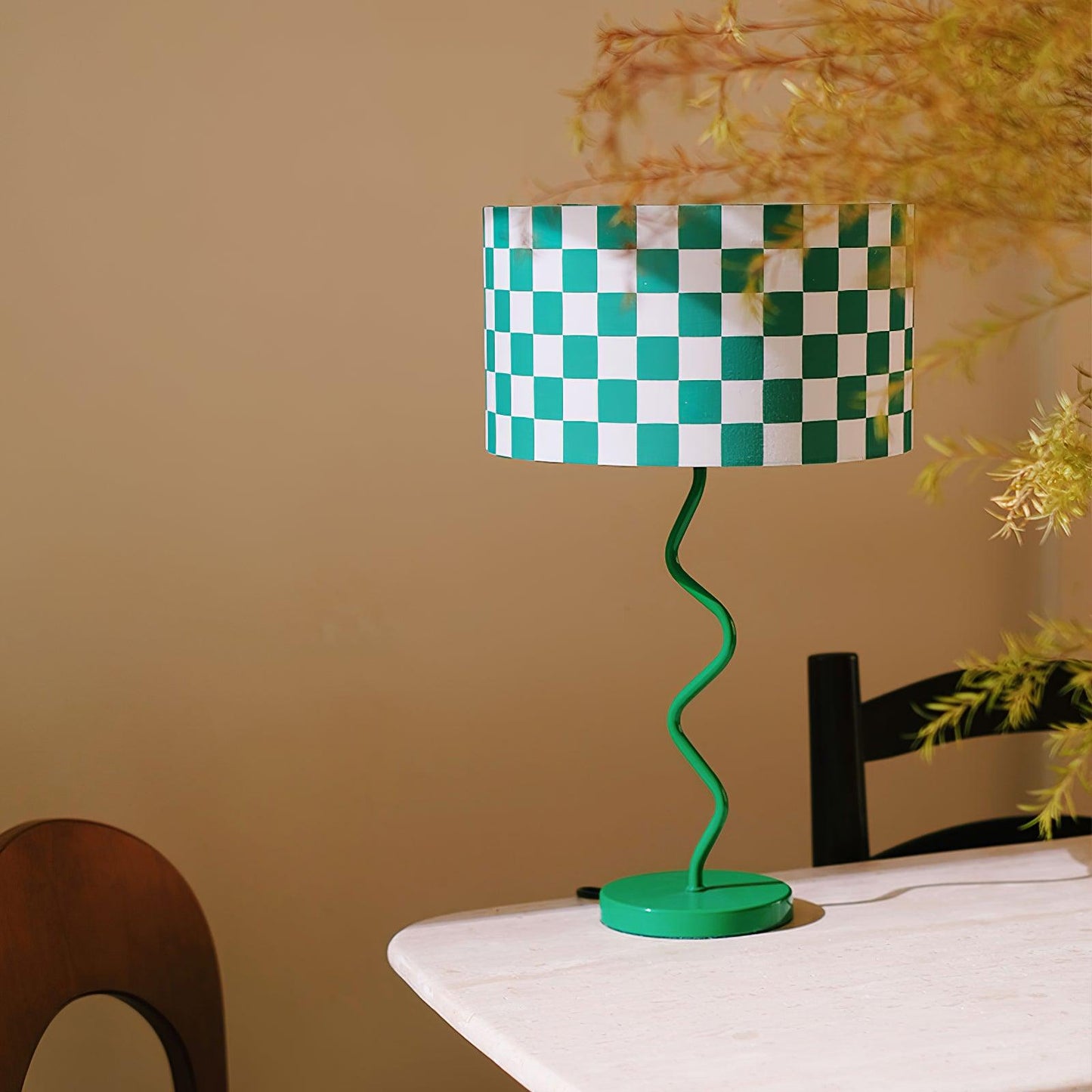 Green Chessboard Table Lamp - Modern Fabric Shade with Iron Base for Bedroom or Living Room 5