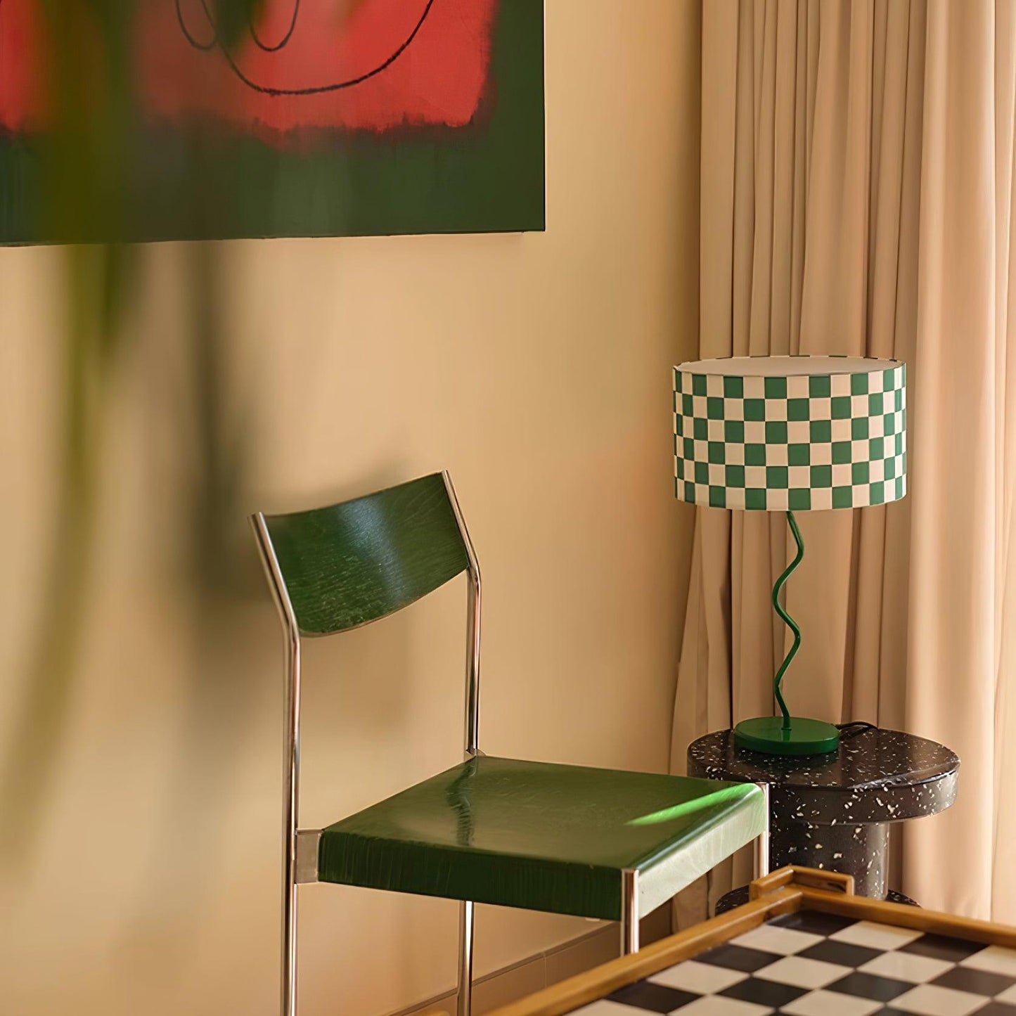 Green Chessboard Table Lamp - Modern Fabric Shade with Iron Base for Bedroom or Living Room 8