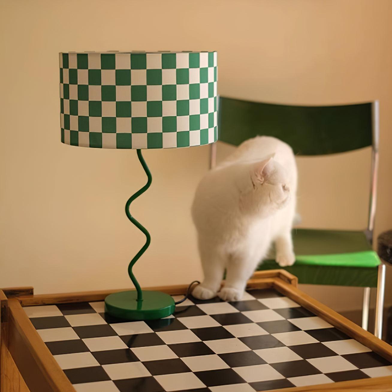 Green Chessboard Table Lamp - Modern Fabric Shade with Iron Base for Bedroom or Living Room 9