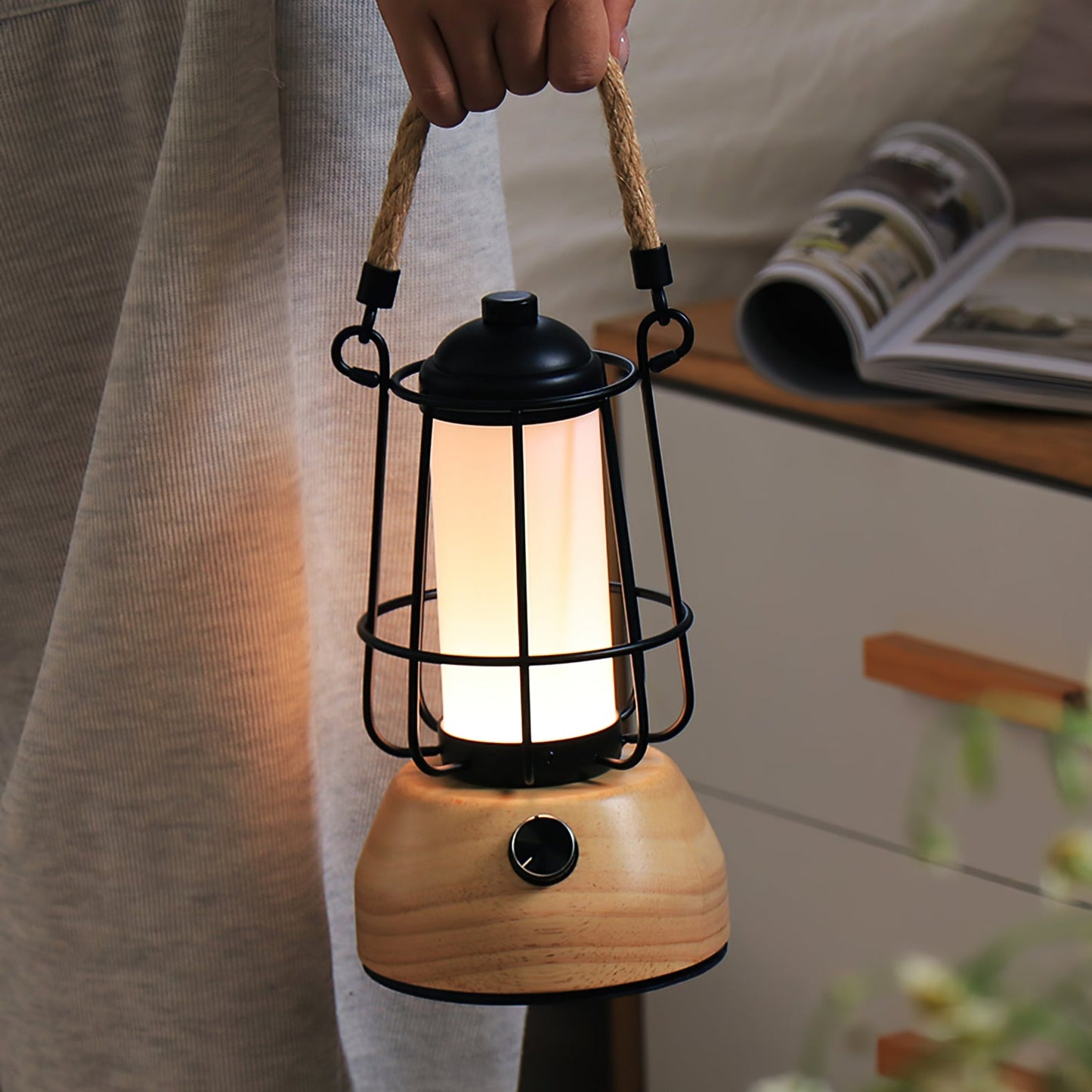 Hemp Rope Outdoor Table Lamp – Rustic Lantern Style with Integrated LED 6