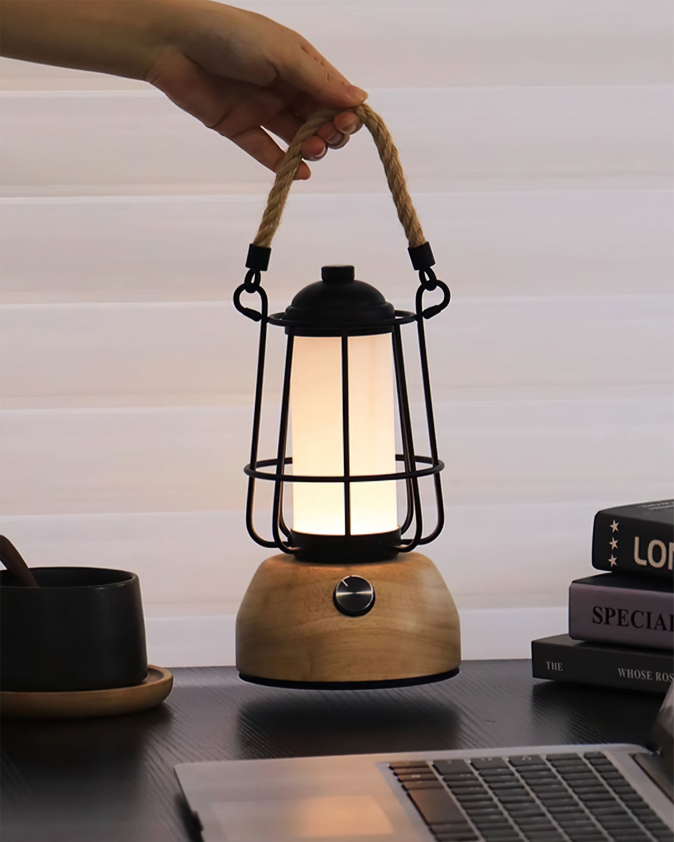 Hemp Rope Outdoor Table Lamp – Rustic Lantern Style with Integrated LED 7