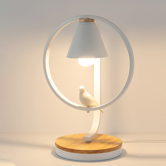Artistic Table Lamp with Bird Design - Wooden Base and White Shade for Bedroom or Living Room 1