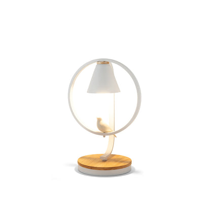 Artistic Table Lamp with Bird Design - Wooden Base and White Shade for Bedroom or Living Room 2