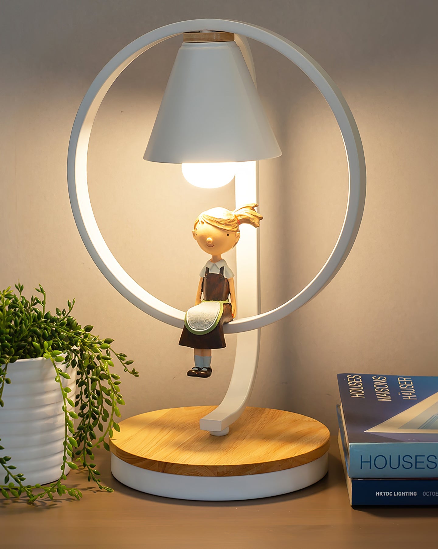 Artistic Table Lamp with Bird Design - Wooden Base and White Shade for Bedroom or Living Room 3